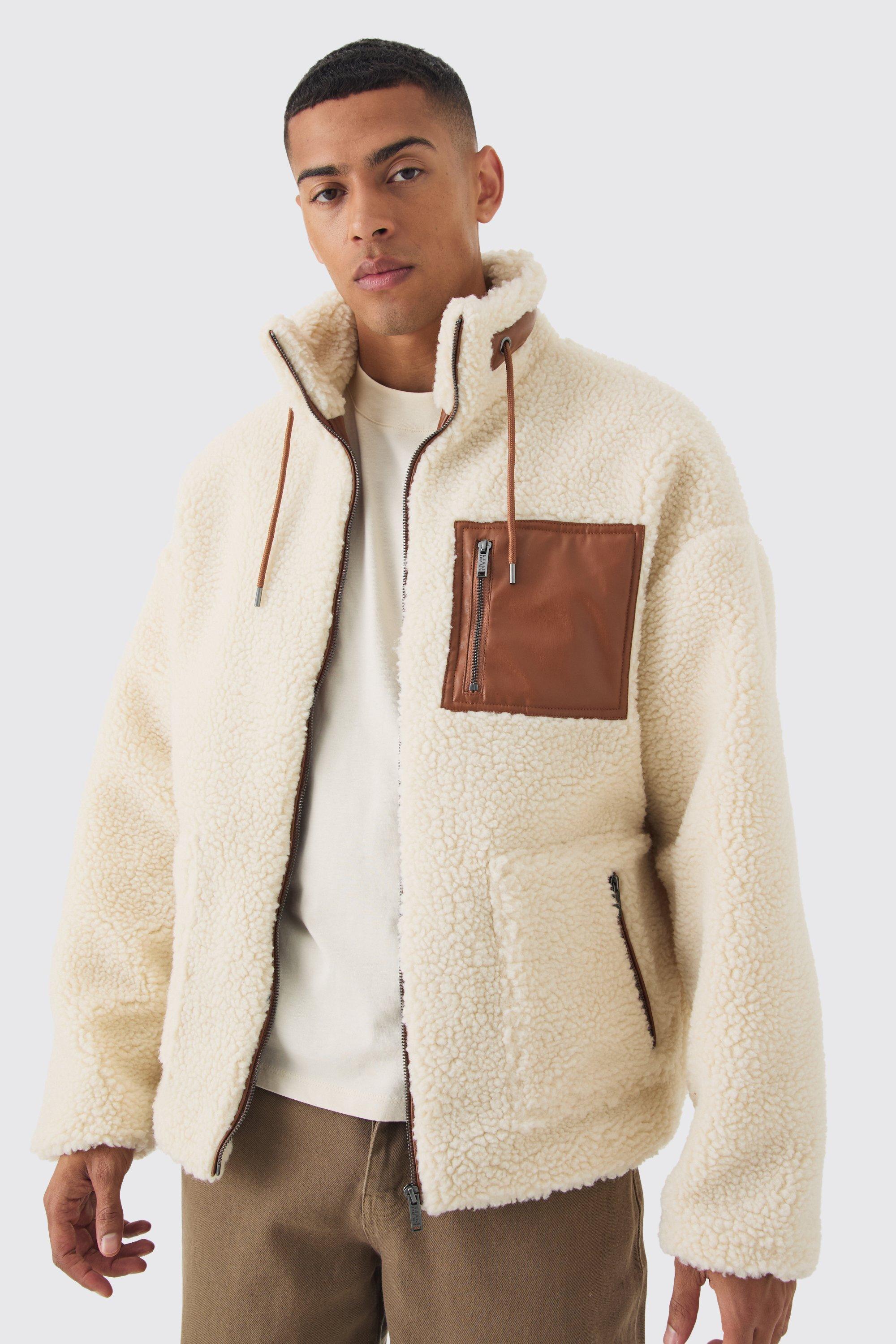 Mens Cream Borg Funnel Neck Pu Pocket Jacket In Ecru, Cream Product Image