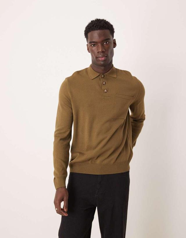 ASOS DESIGN relaxed boxy fit knit polo sweater with chest pocket in khaki Product Image