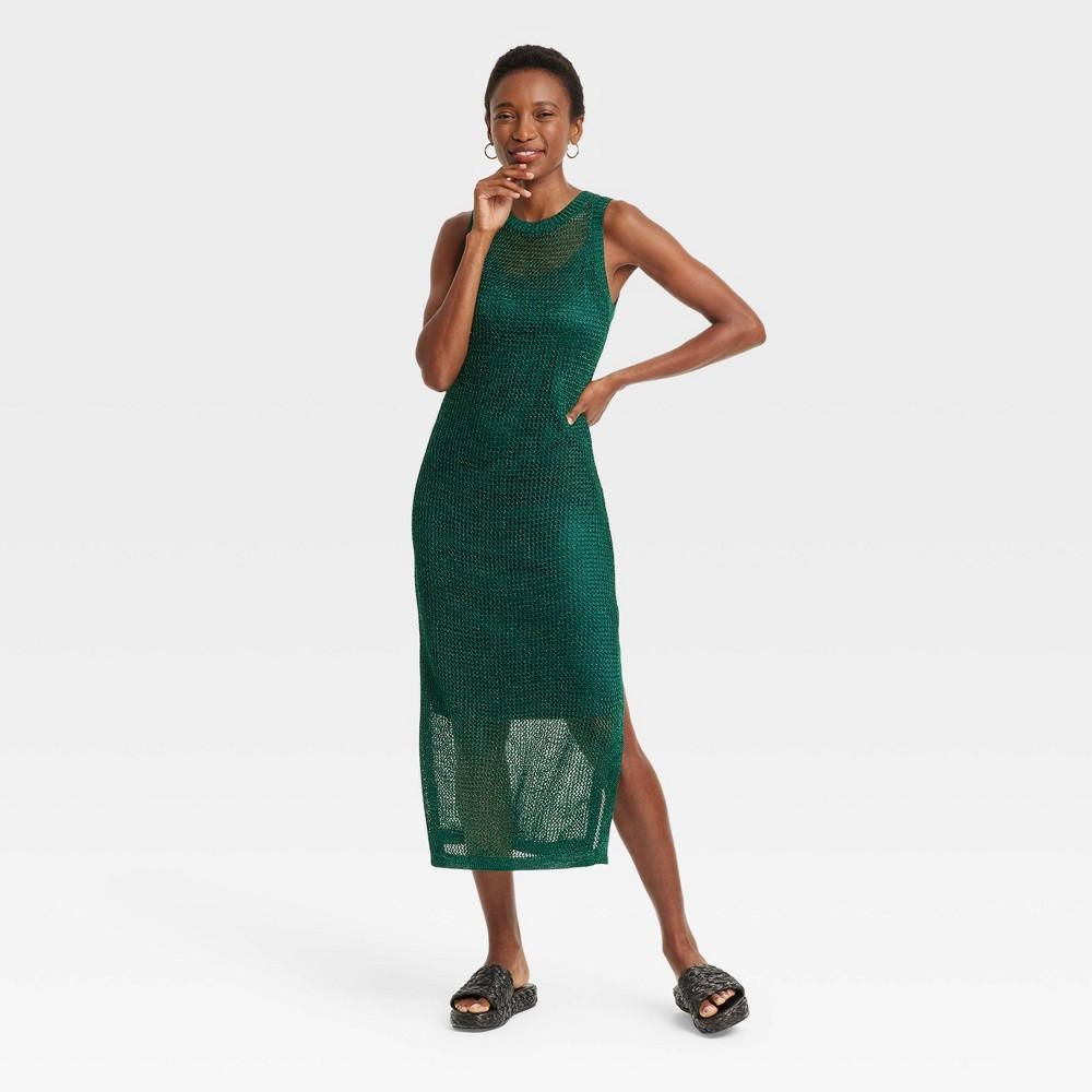 Womens Openwork Midi Tank Dress - A New Day Green M Product Image