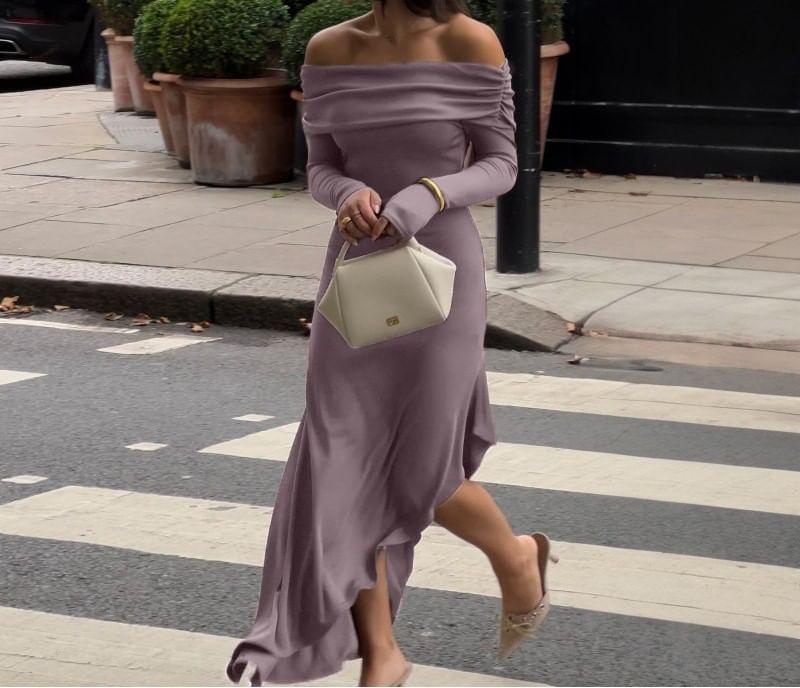 Long-Sleeve Off Shoulder Asymmetrical Plain Maxi Mermaid Dress Product Image