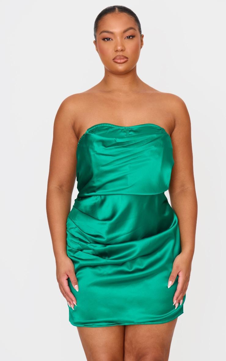 Plus Emerald Green Boned Satin Drape Detail Mini Dress product image