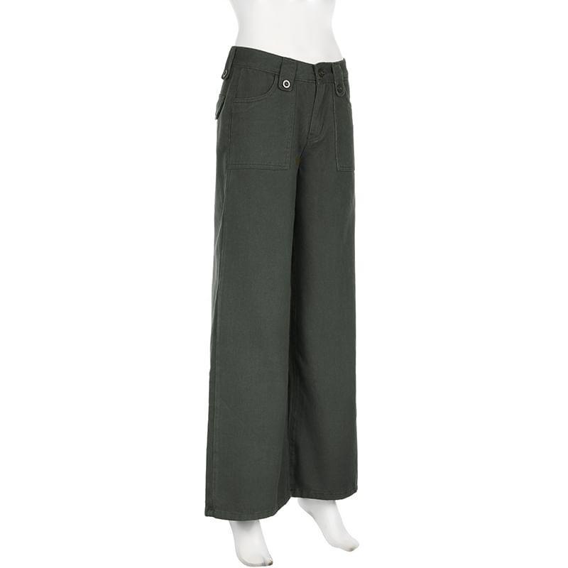 High Waist Plain Wide Leg Cargo Pants Product Image