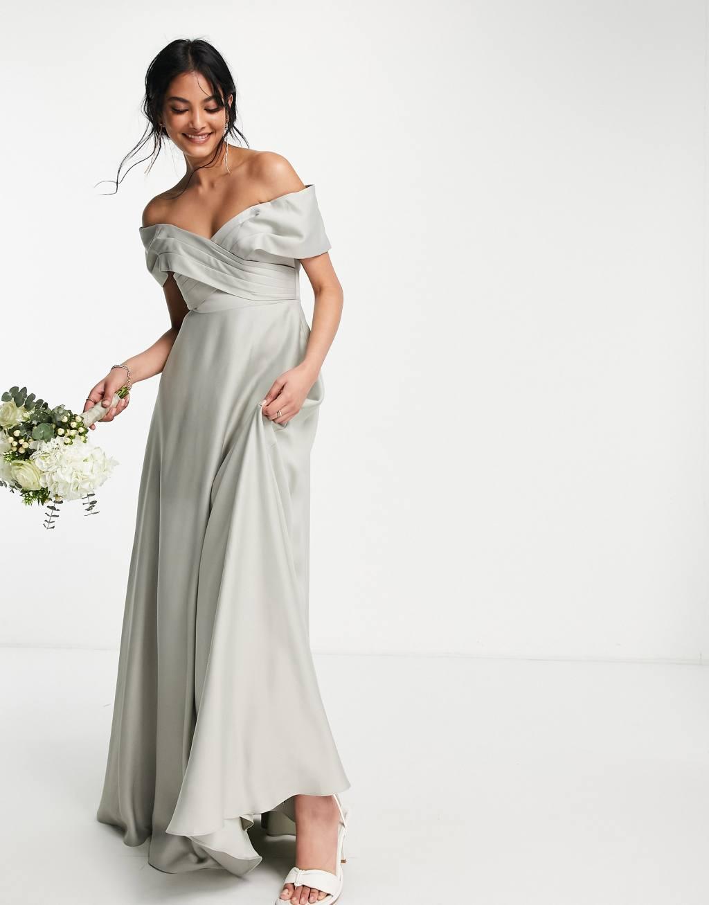 ASOS DESIGN Bridesmaid satin bardot maxi dress with full skirt in sage green Product Image