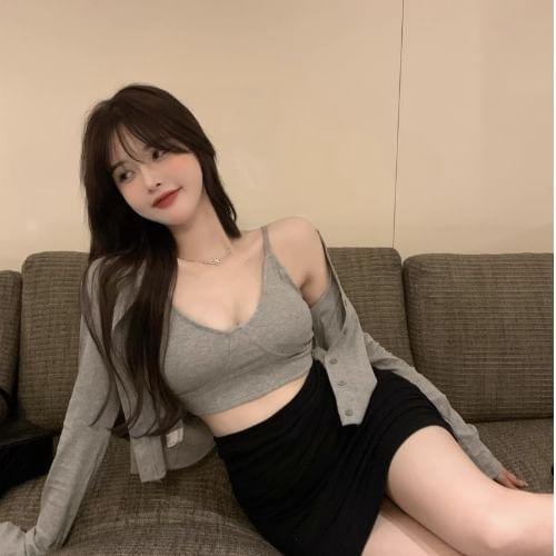 Plain Cropped Camisole Top / Cardigan / High Waist Mini Pencil Skirt Product Image