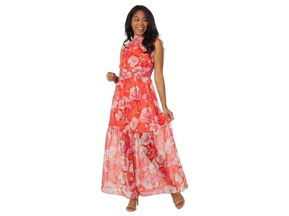 Vince Camuto Floral Chiffon Maxi Dress with Smocking Detail (Hot Coral) Women's Dress Product Image