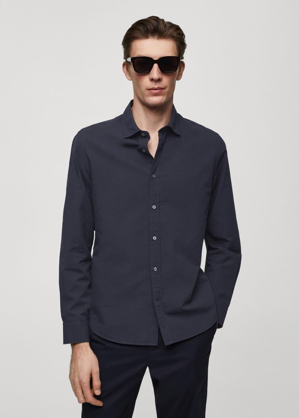 MANGO MAN - 100% seersucker cotton shirt dark navyMen Product Image