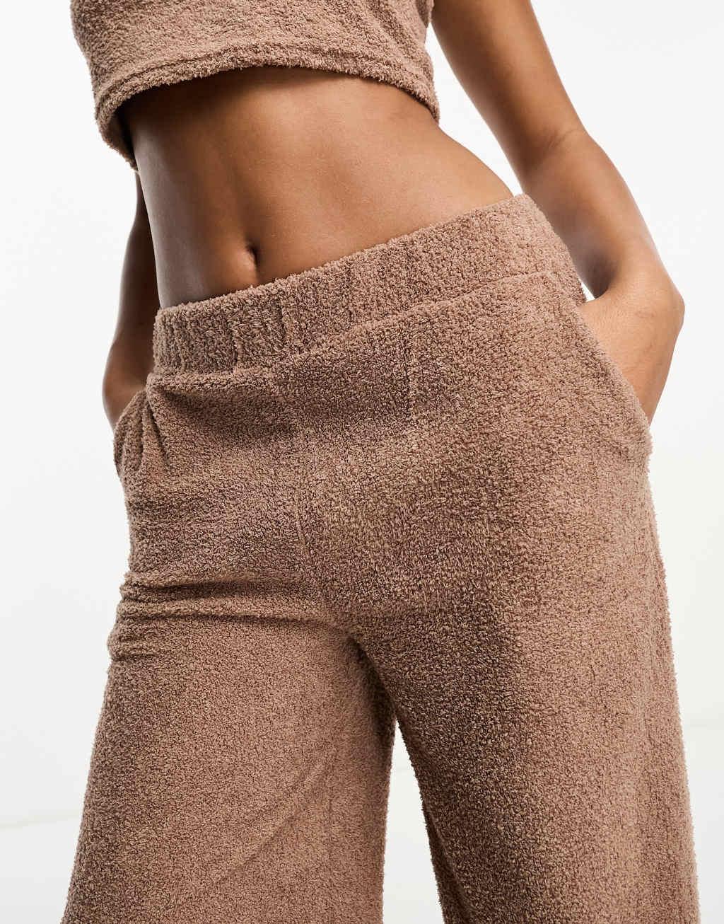 Loungeable soft fuzzy wide leg pants in chocolate brown Product Image