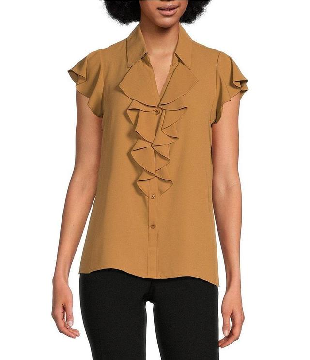 Calvin Klein Flutter Sleeve Collared Ruffle Button Front Blouse Product Image