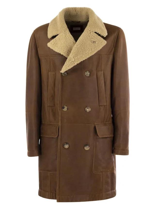 Double-breasted Coat In Napped Shearling In Brown Product Image