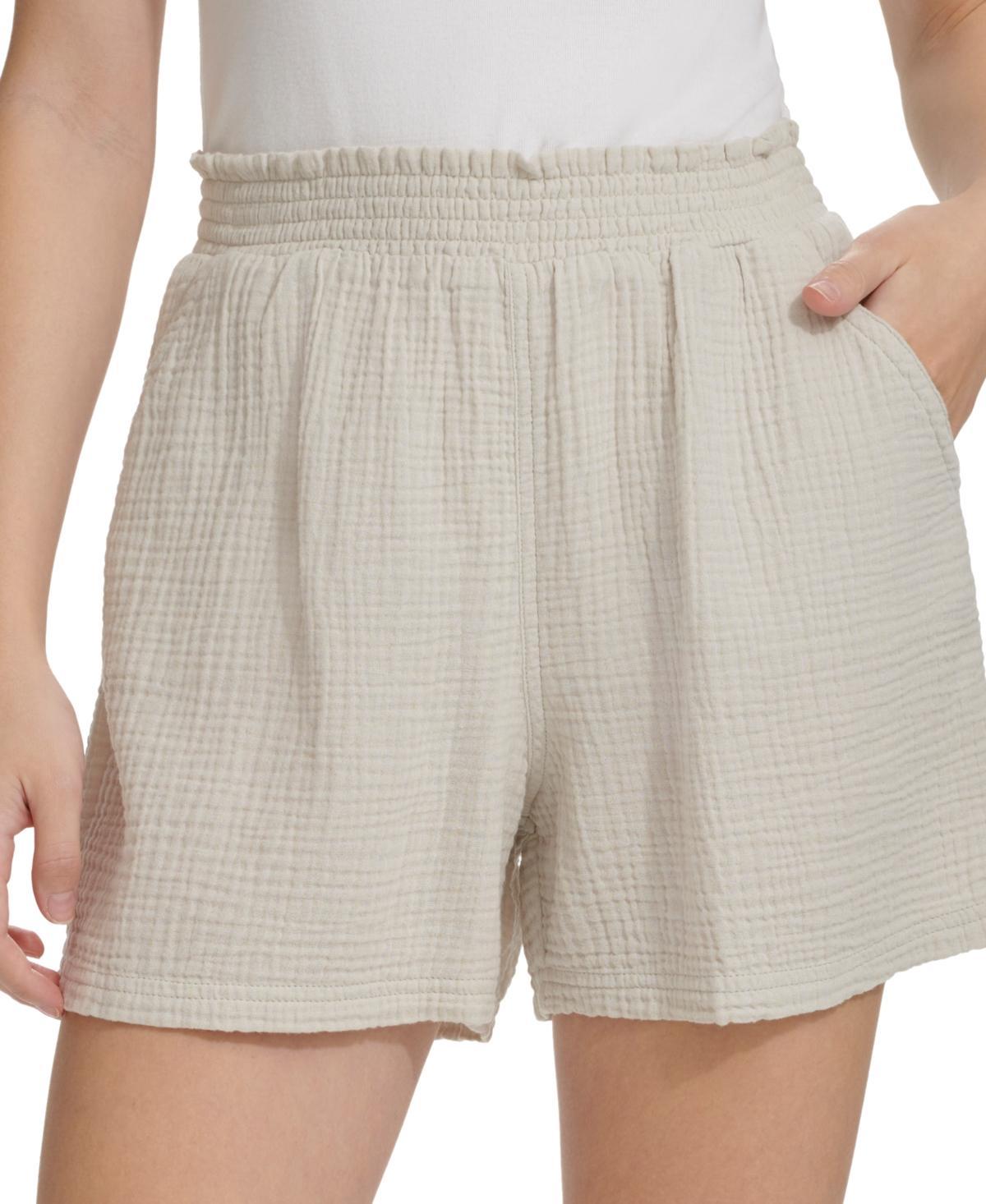 Calvin Klein Jeans Womens Smocked-Waist Double-Crepe Pull-On Cotton Shorts Product Image