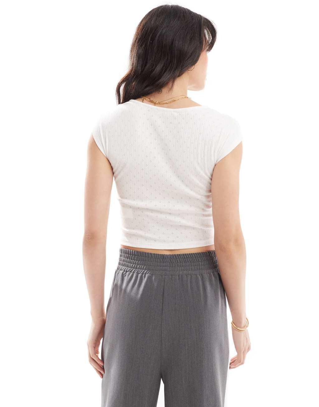 Pull&Bear cap sleeve pointelle detail top in white Product Image