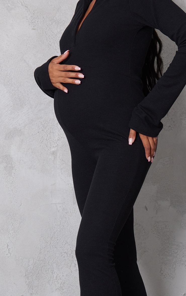 Maternity Black Ribbed Collar Long Sleeve Jumpsuit Product Image