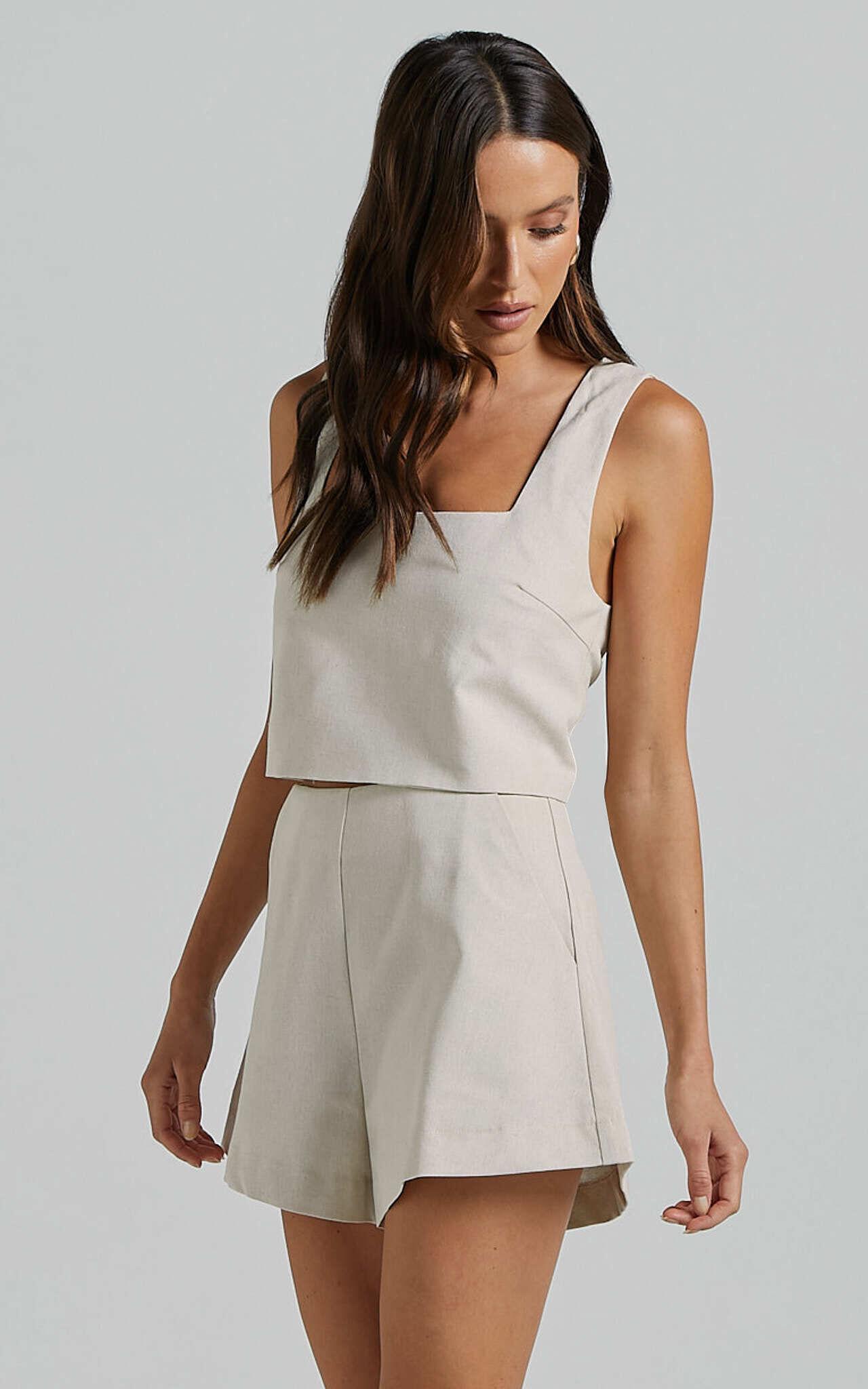 Salvador Two Piece Set - Linen Look Sleeveless Crop Top and High Waisted Tailored Shorts in Oatmeal Product Image