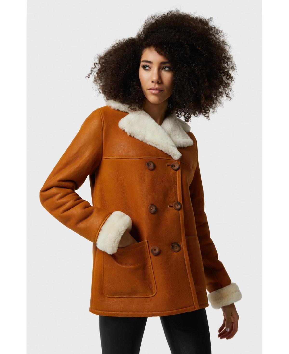 Womens Shearling Peacoat, Washed Tan with White Wool Product Image