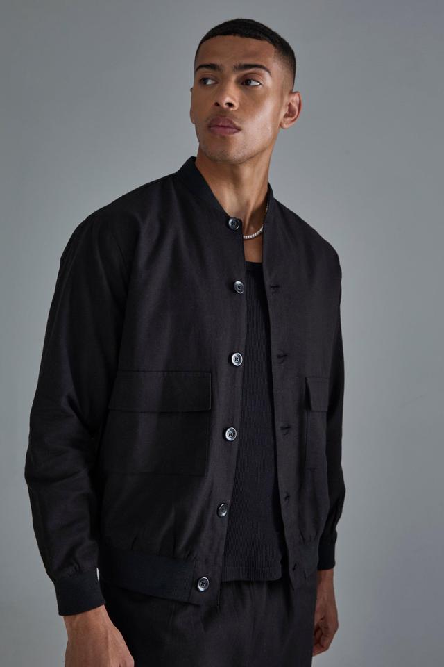 Linen Mix Smart Oversized Cargo Bomber Jacket | boohooMAN USA Product Image