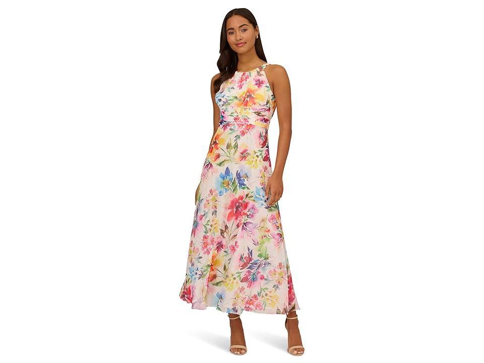 Adrianna Papell Printed Chiffon Floral Halter Dress (Ivory Multi) Women's Dress Product Image