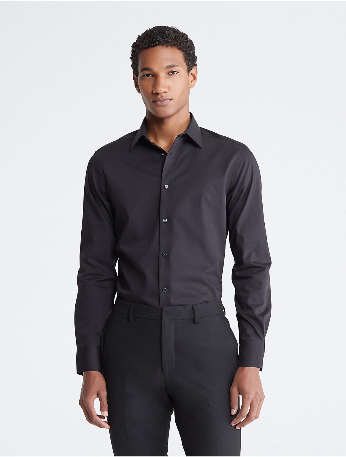 Calvin Klein Mens Steel Slim Fit Solid Herringbone Dress Shirt - Black - 14.5/32-33 Product Image