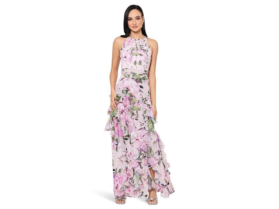 XSCAPE Long High Multi Chiffon Print Ruffle Dress (Blush/Multi) Women's Dress Product Image