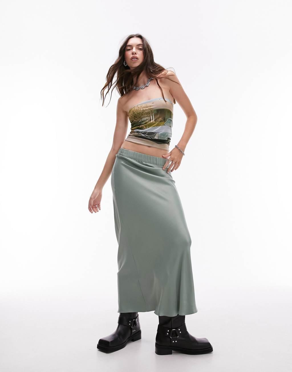 Topshop satin bias maxi skirt with elastic waistband in sea green Product Image