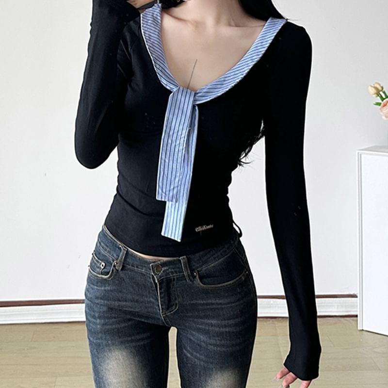 Long-Sleeve V-Neck Striped Panel Slim Fit Crop T-Shirt Product Image