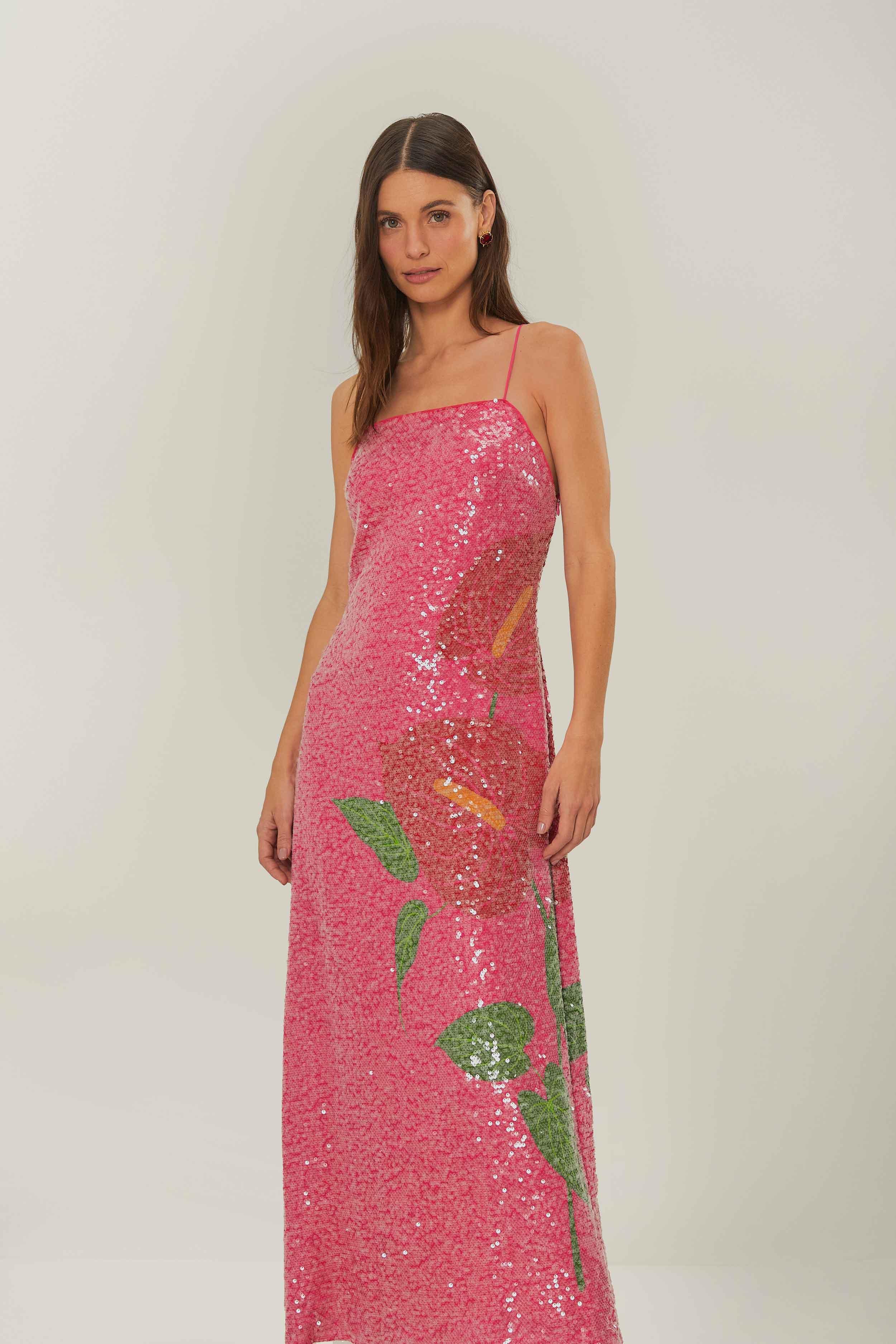 Pink Anthurium Flowers Slip Maxi Dress Product Image