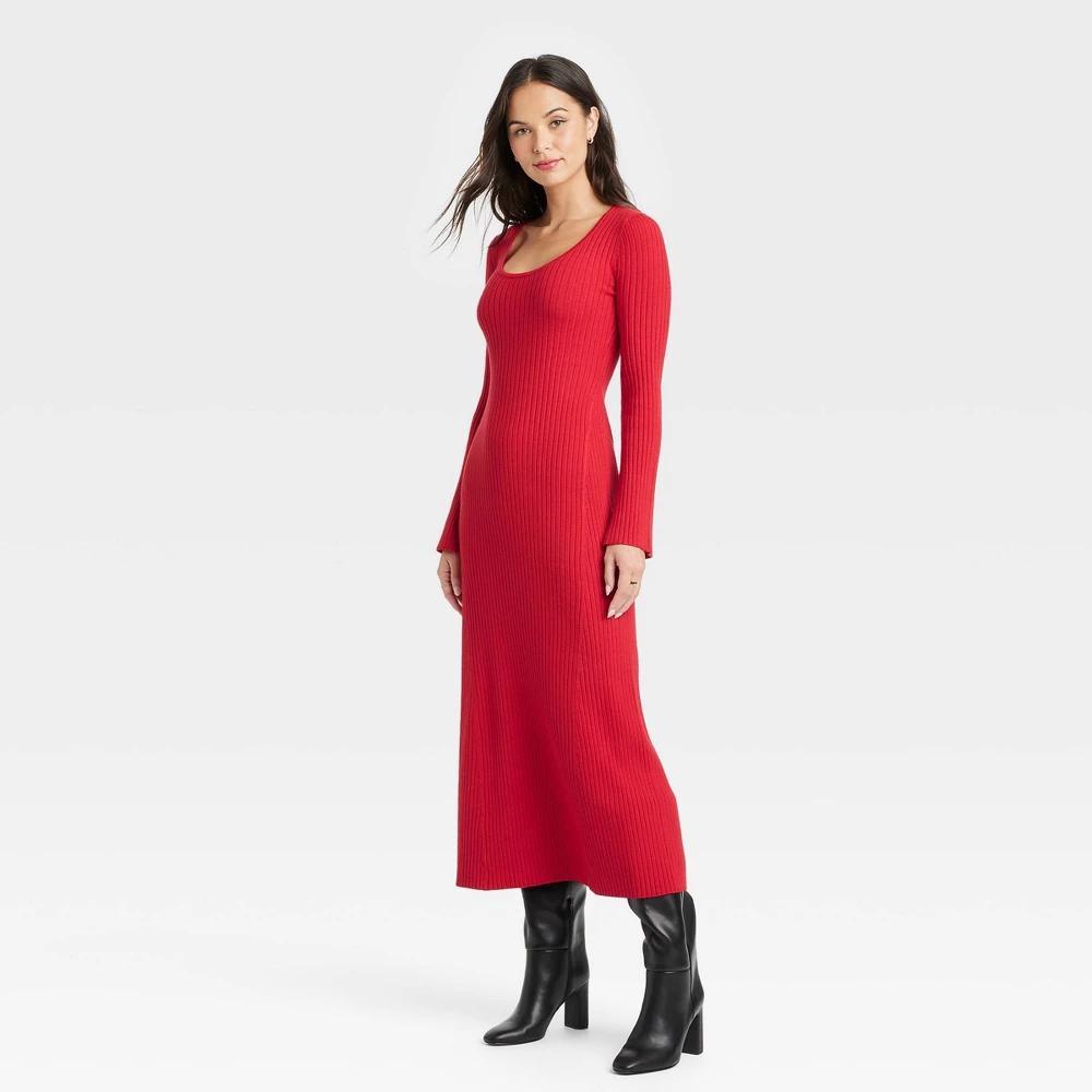 Womens Long Sleeve Maxi Sweater Dress - A New Day Red L product image