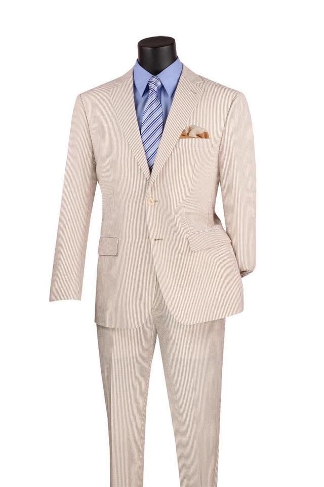 Modern Fit Summer 2 Piece 2 Button Suit Striped Seersucker in Tan Product Image