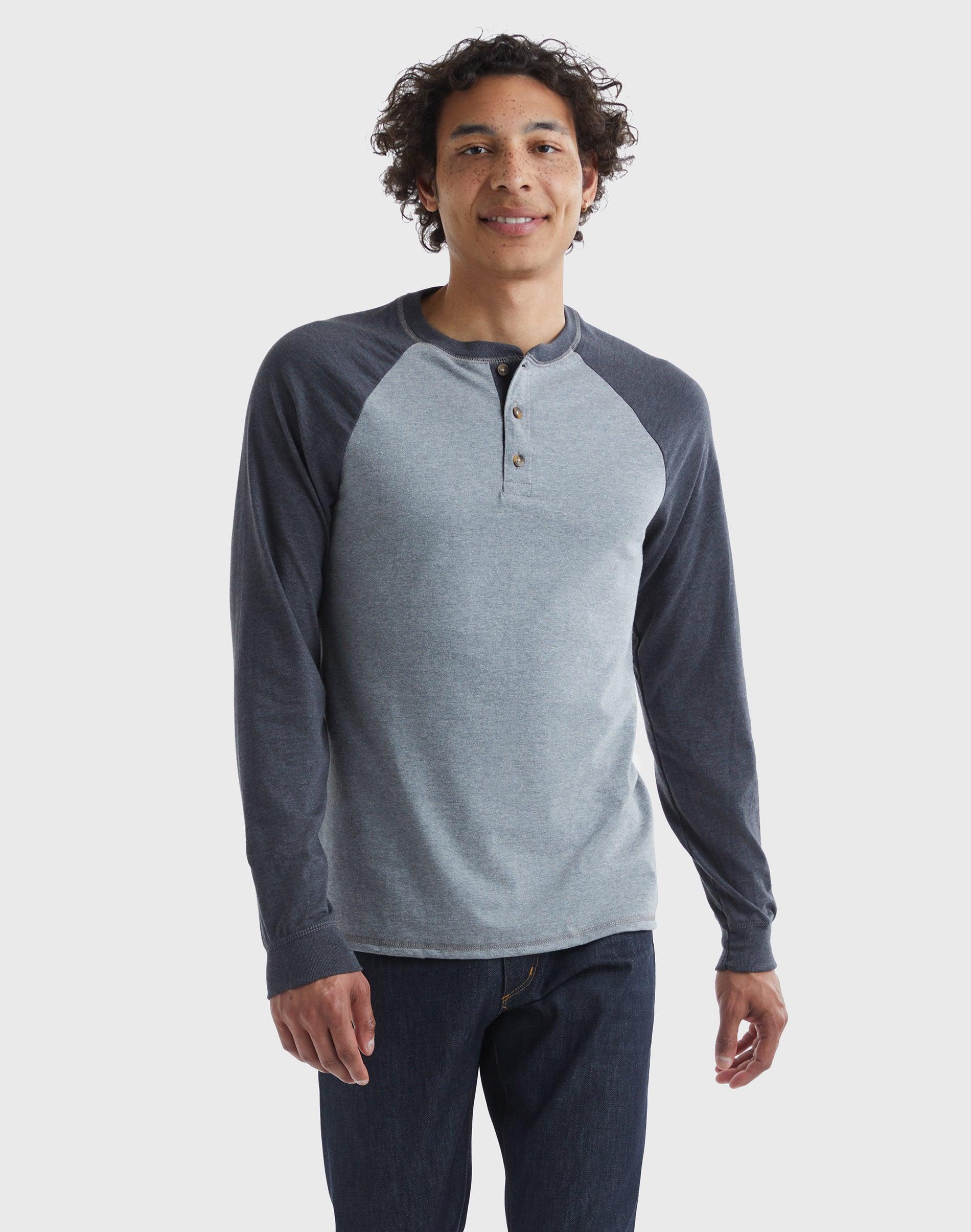 Mens Hanes Beefy Heavyweight Colorblock Raglan Henley Oxford Gray Grey Product Image