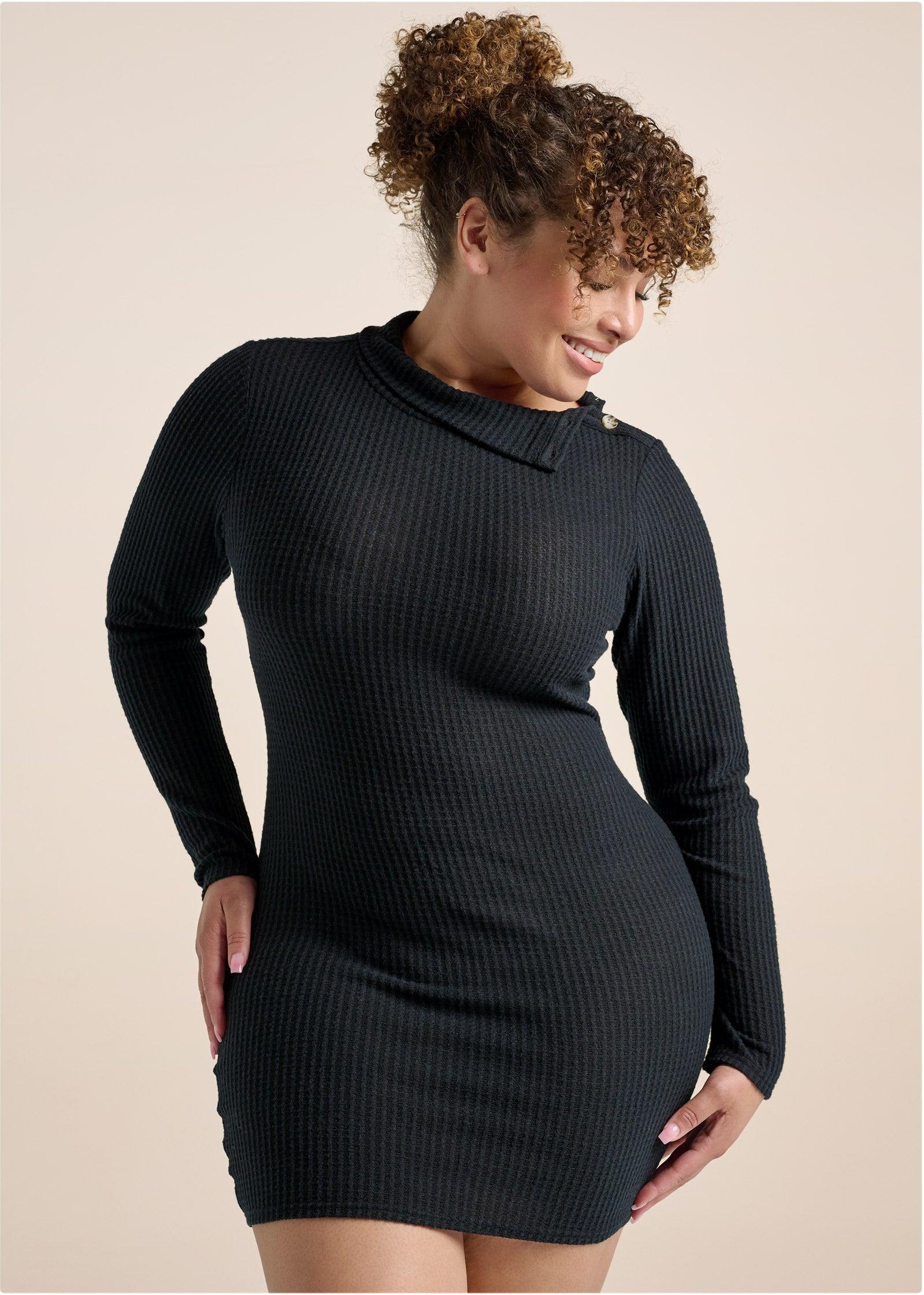 Brushed Waffle Foldover Dress - Black product image