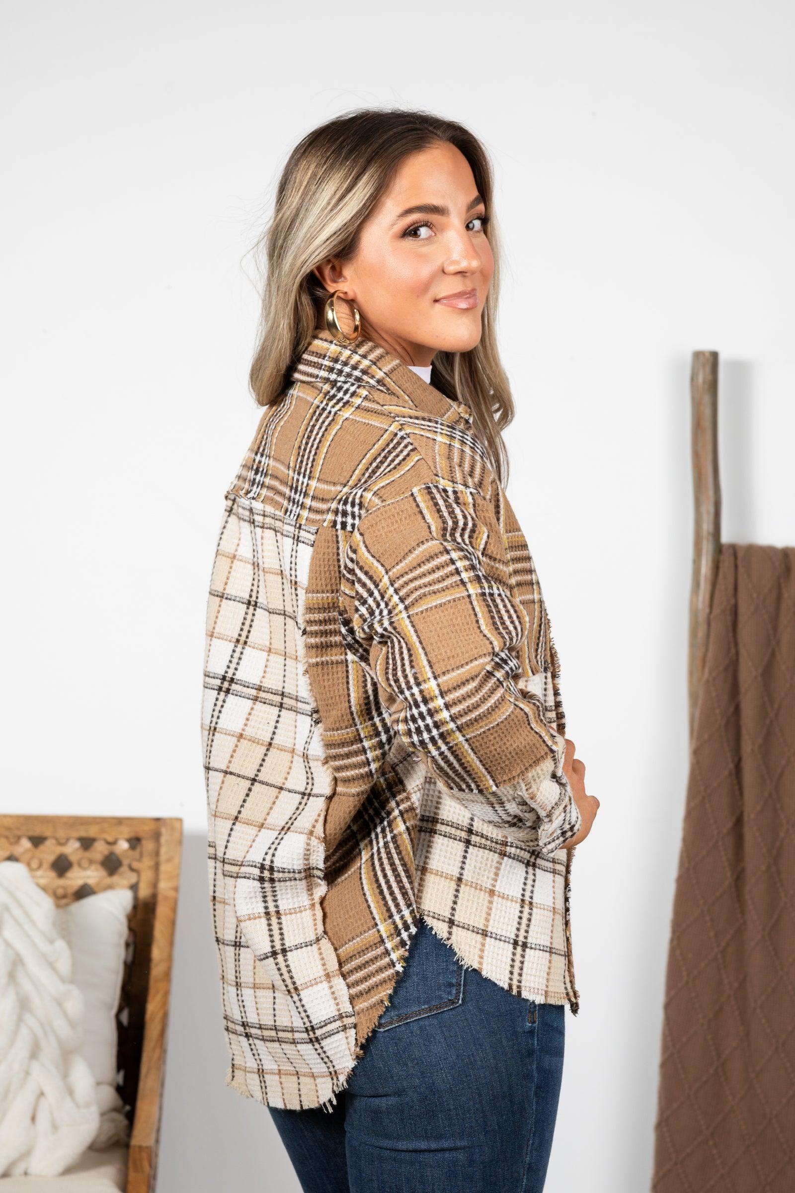 Tan Mixed Plaid Oversized Shacket Product Image