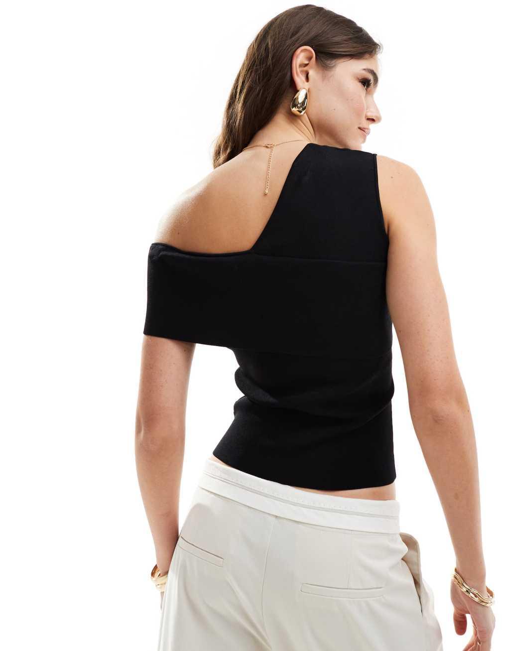 & Other Stories knit top with asymmetric off-shoulder detail in black Product Image