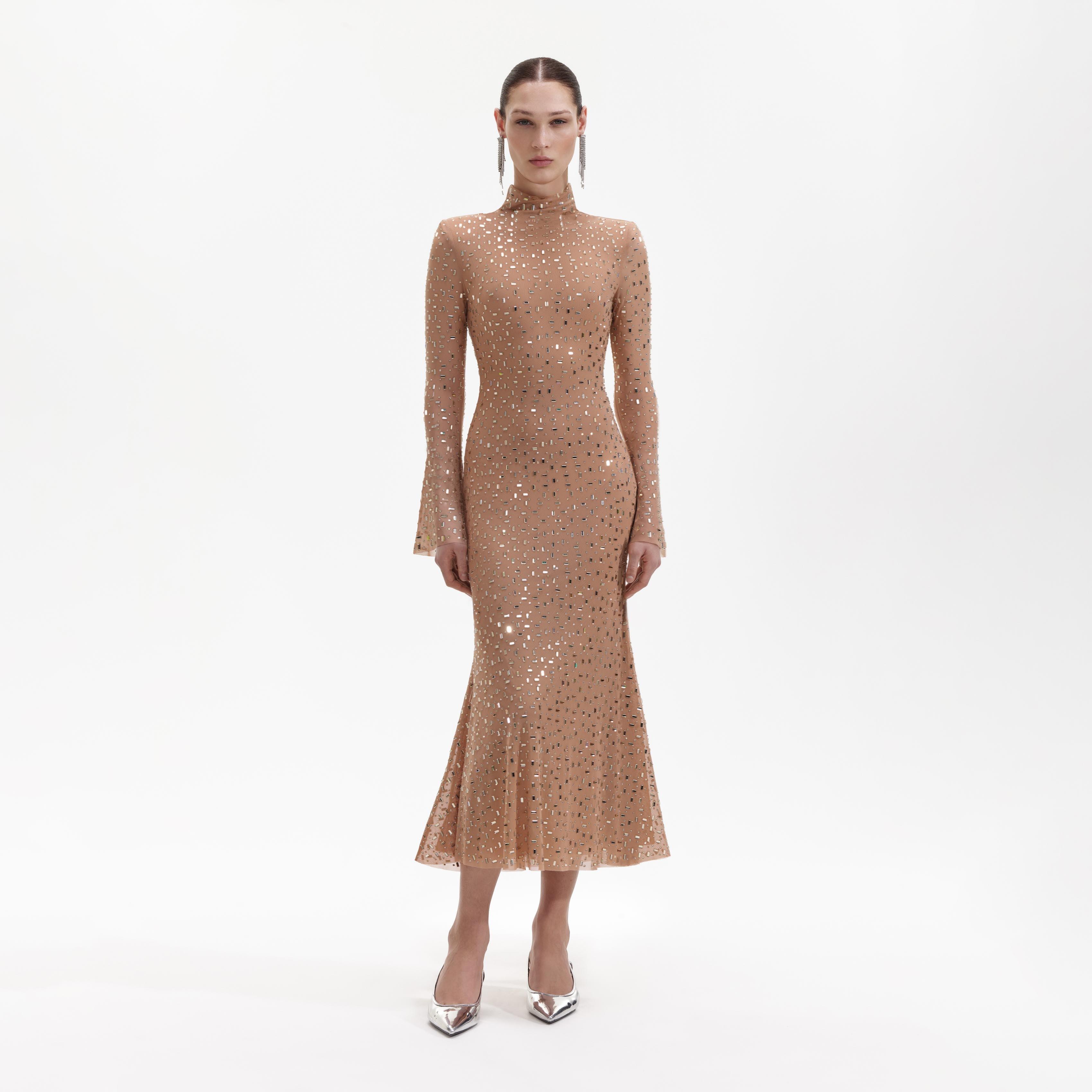 Gold Square Rhinestone Mesh Midi Dress Product Image