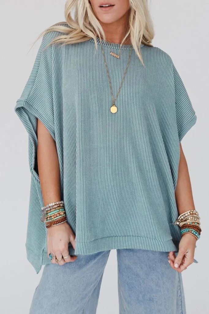 Olivia Mark – Ribbed Knit Batwing Sleeve Tunic Oversized T-Shirt Product Image