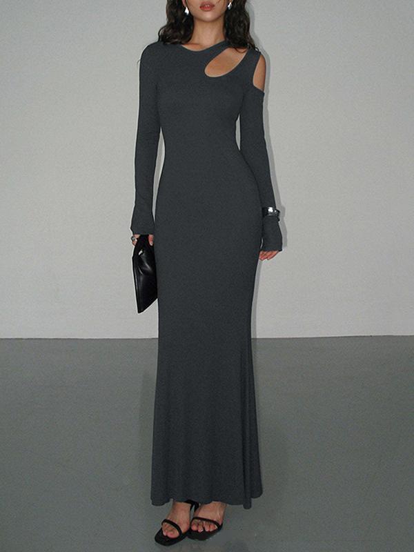 Long Sleeves Skinny Hollow Solid Color Cold Shoulder Maxi Dresses Product Image