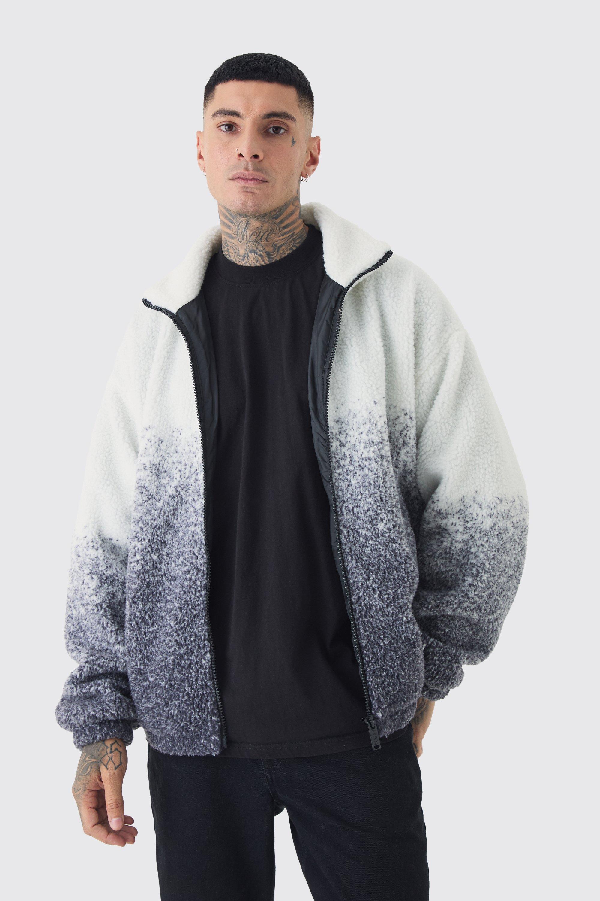 Tall Oversized Ombre Borg Funnel Neck Jacket In Black | boohooMAN USA Product Image