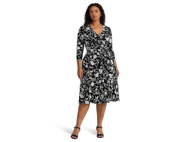 LAUREN Ralph Lauren Plus-Size Floral Surplice Jersey Dress Cream) Women's Dress Product Image