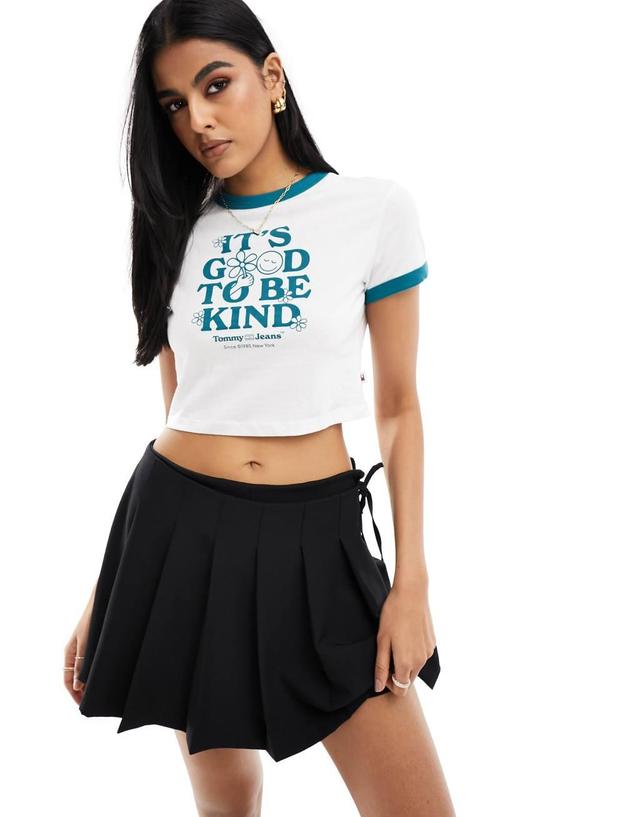 Tommy Jeans cropped slogan ringer T-shirt in white Product Image