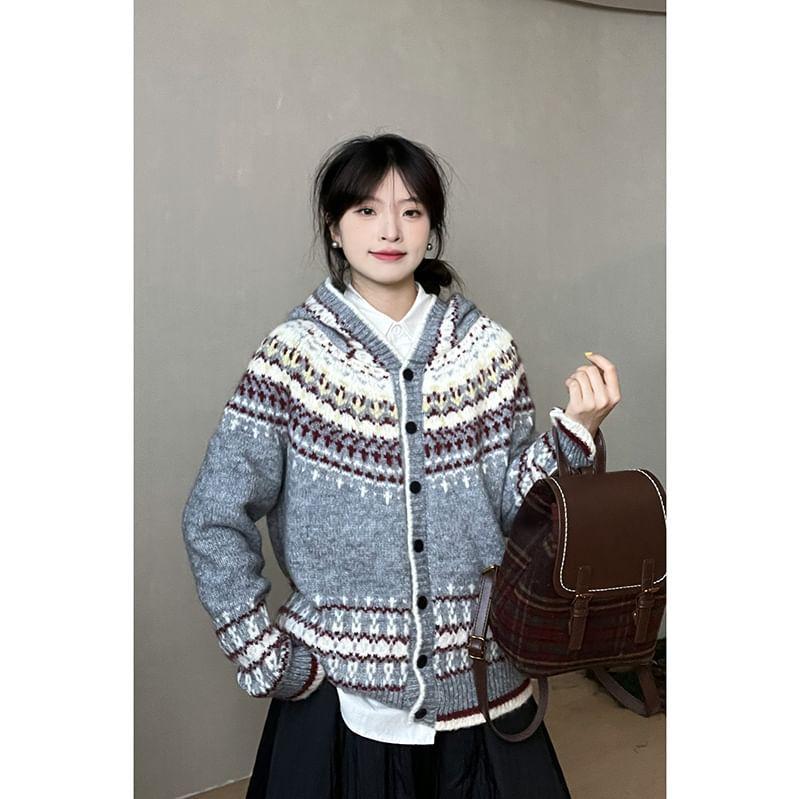 Patterned Hooded Button-Up Cardigan Product Image