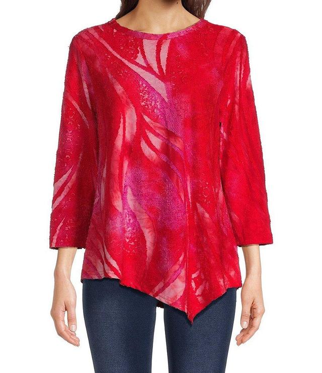 Calessa Petite Size Round Neck Long Sleeve Asymmetric Hem Burnout Tie Dye Blouse Product Image