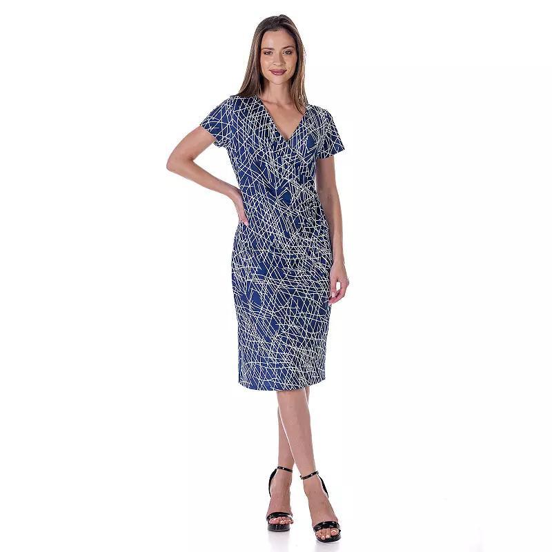 Womens 24Seven Comfort Apparel Geometric Print Knee Length Short Sleeve Faux Wrap Dress Blue Team Product Image