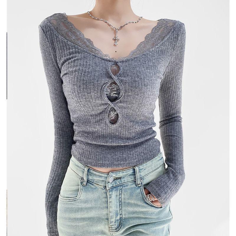 Long Sleeve V-Neck Plain Lace Trim Ribbed Knit Crop Top Product Image