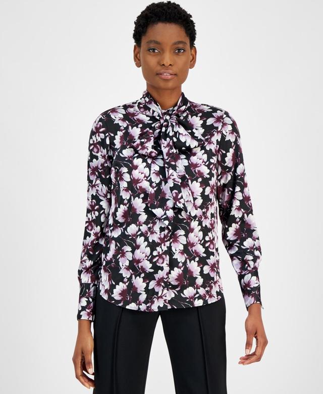 Anne Klein Womens Printed Tie-Neck Button-Front Blouse Product Image