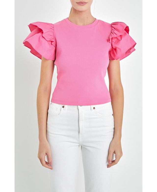 English Factory Mix Media Ruffle Sleeve Cotton Rib Top Product Image