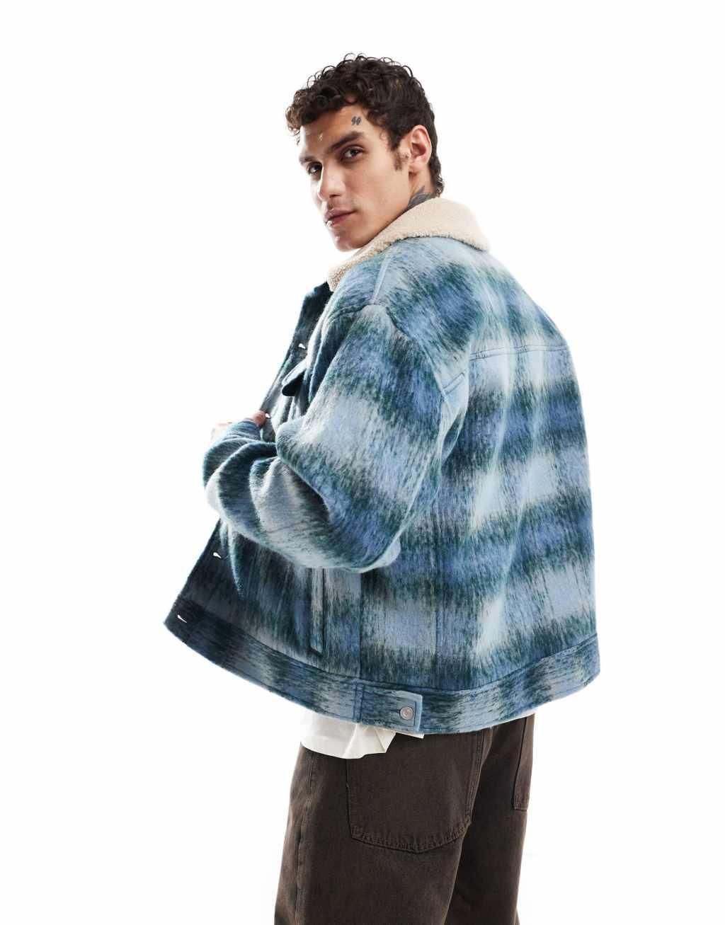 ASOS DESIGN oversized wool look trucker jacket in blue plaid with borg collar Product Image