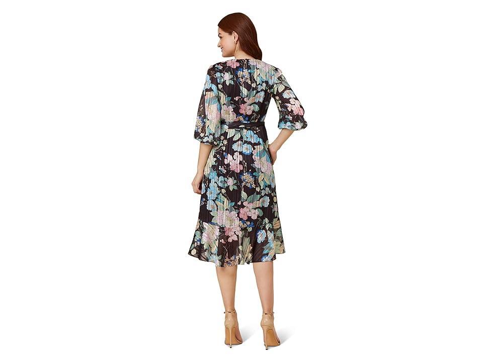 Adrianna Papell Printed Floral Chiffon Wrap Dress with Ruffle Hem (Black Multi) Women's Dress Product Image