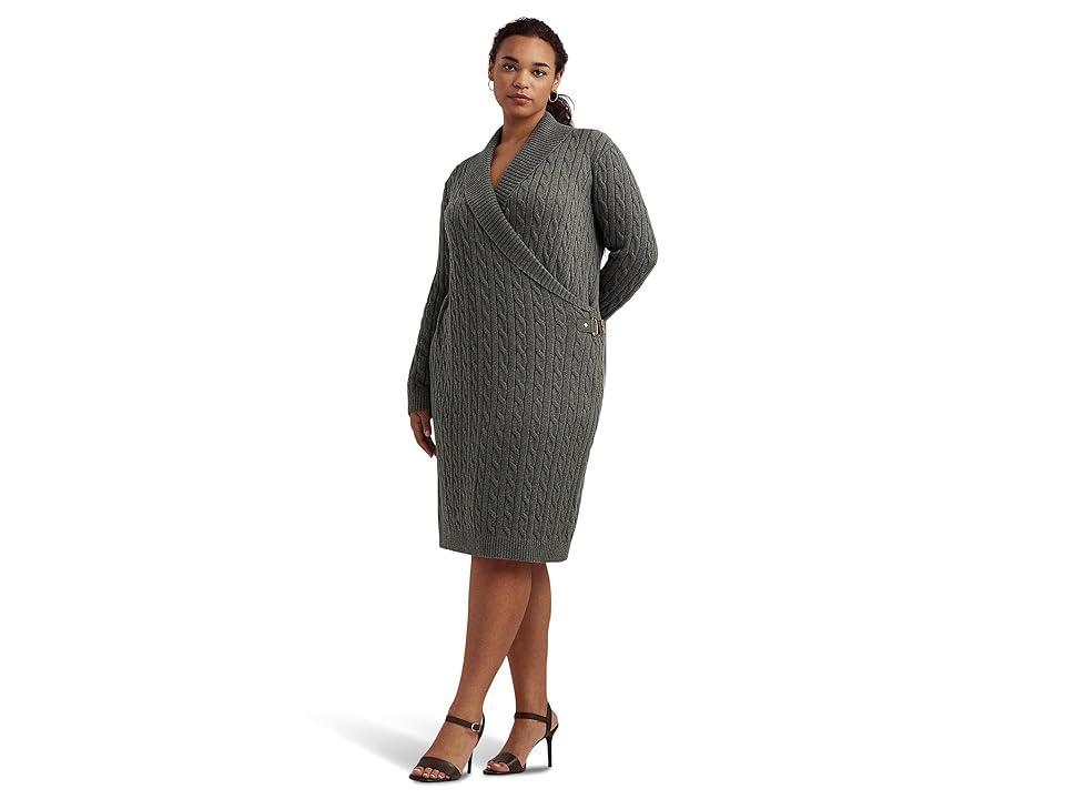 LAUREN Ralph Lauren Plus Size Cable-Knit Buckle Trim Sweaterdress (Modern Grey Heather) Women's Sweater Product Image