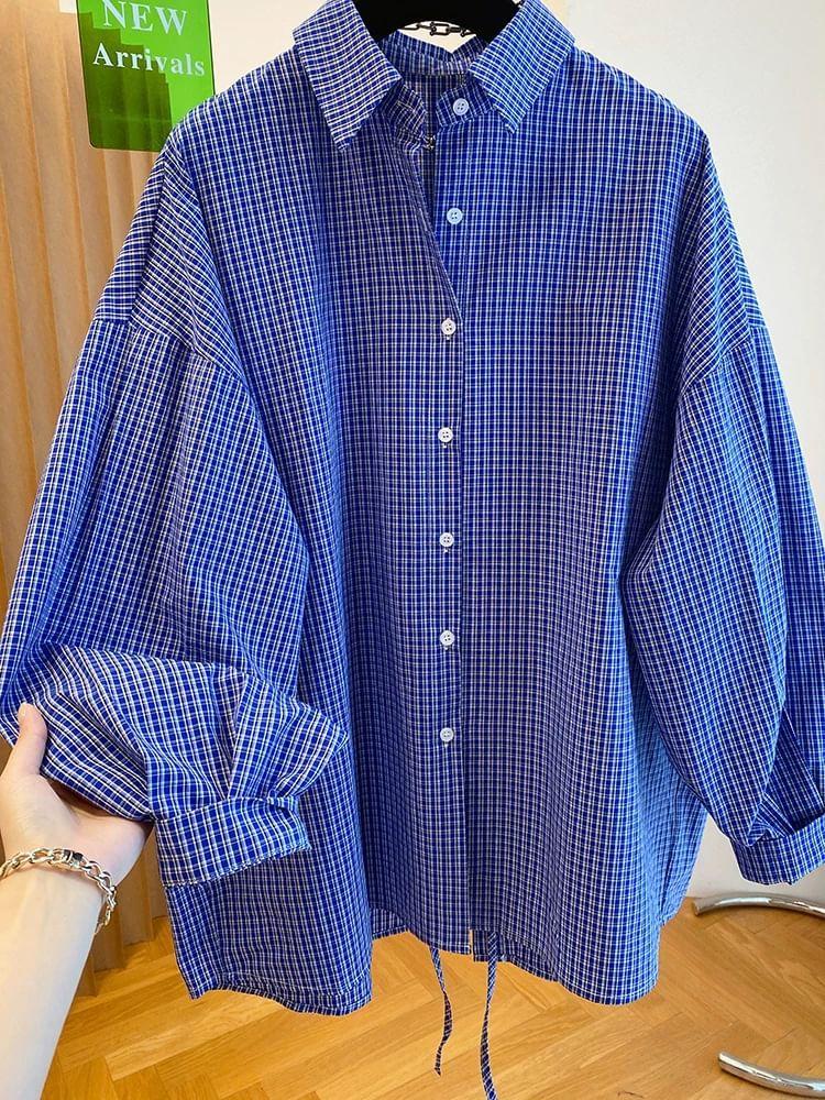 Long-Sleeve Plaid Slit Back Shirt Product Image