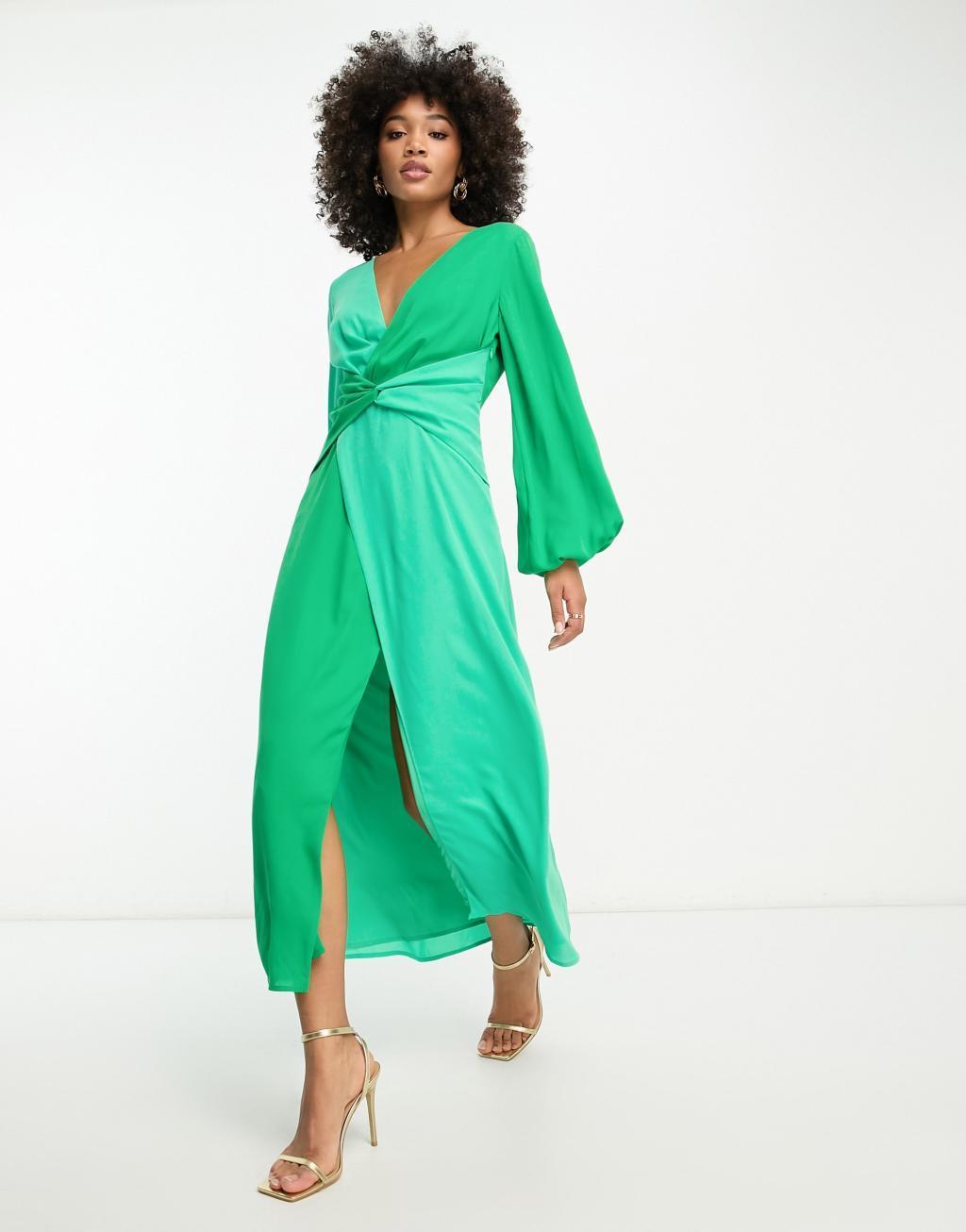 Pretty Lavish knot front contrast maxi dress in green Product Image