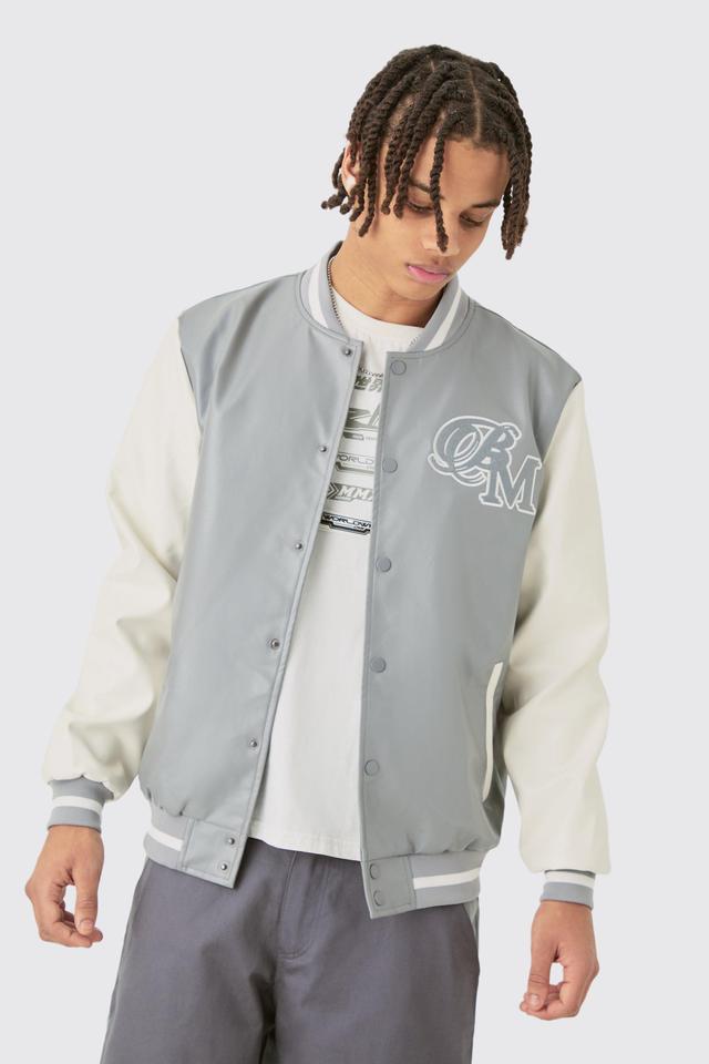 PU Badge Varsity Jacket In Grey | boohooMAN USA Product Image