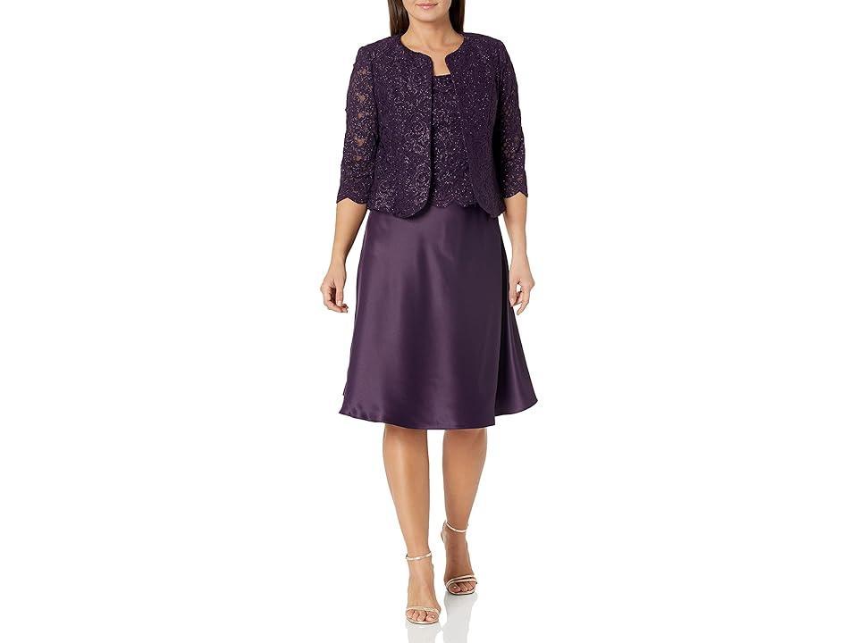 Alex Evenings Tea Length Jacket Dress with Lace Open Jacket and Tank with Satin Skirt (Eggplant) Women's Dress Product Image